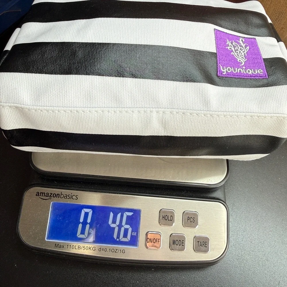 Younique Makeup Bag Black White Striped Cosmetic Pouch Purple Satin Lining 9x6.5